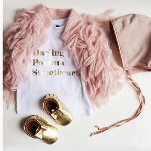 Pink Faux Fur Jacket with Gold Shoes and Hat Set
